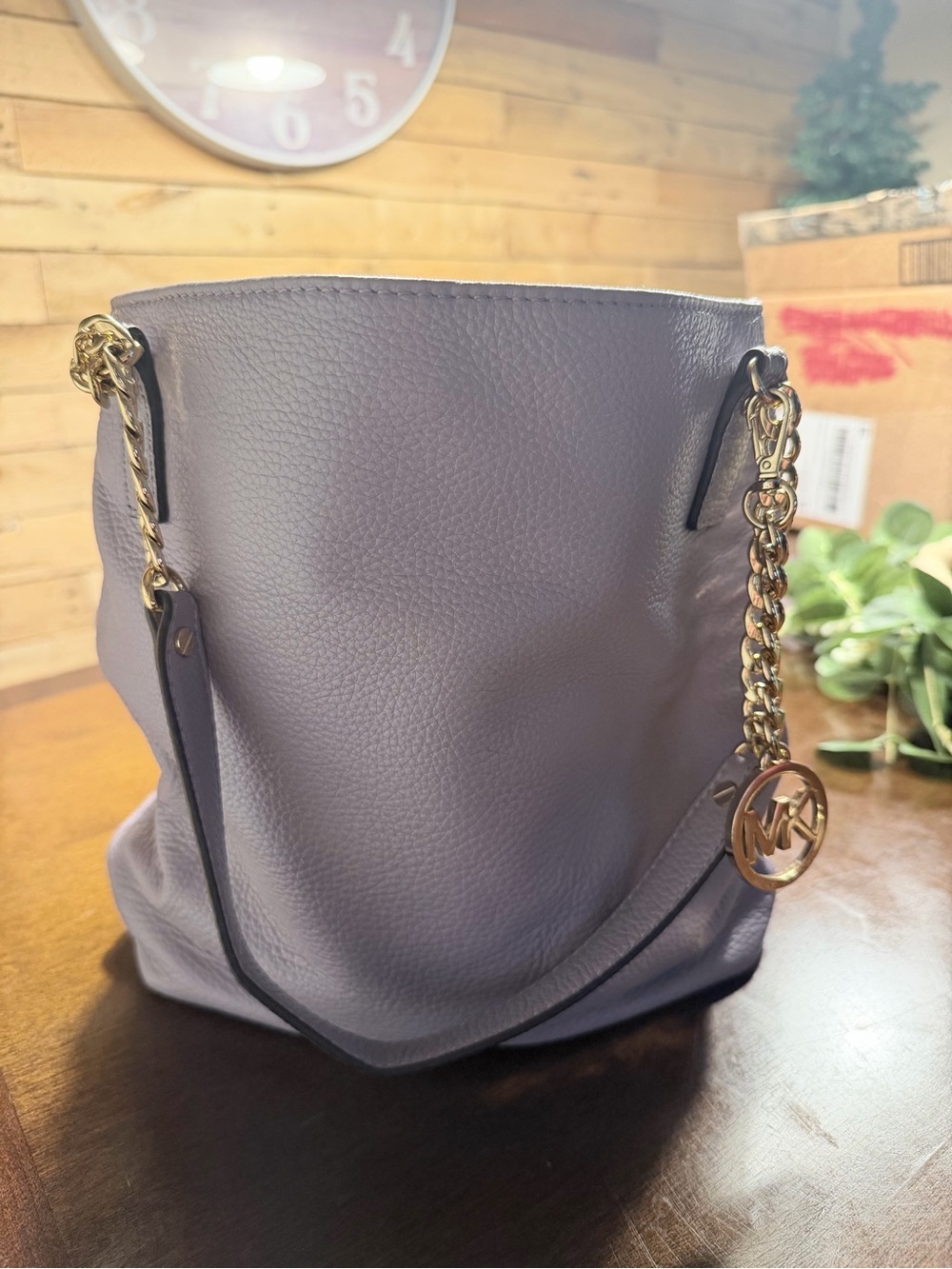 Michael Kors Lavender Pebbled Leather Shoulder Tote with Gold Chain Charm